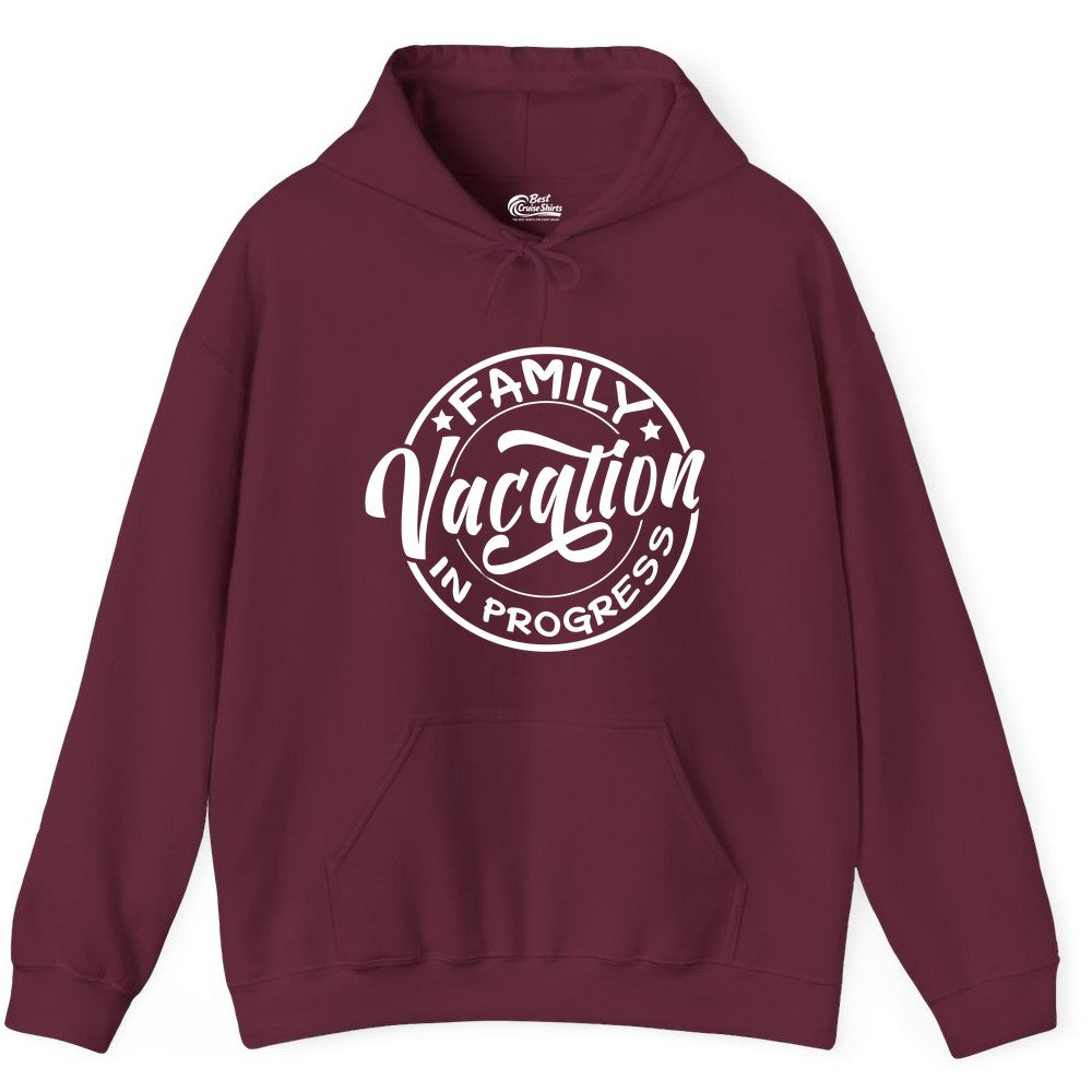 Family Vacation Shirt - Fun Family Travel Shirt for Holiday Trips (Hoodie) in Maroon - Family Vacation In Progress Bold Circular Stamp Travel Shirt