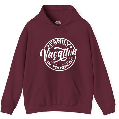 Family Vacation Shirt - Fun Family Travel Shirt for Holiday Trips (Hoodie) in Maroon - Family Vacation In Progress Bold Circular Stamp Travel Shirt