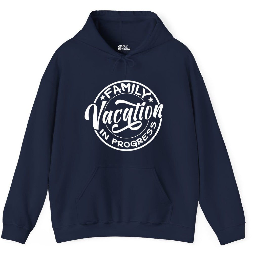 Family Vacation Shirt - Fun Family Travel Shirt for Holiday Trips (Hoodie) in Navy - Family Vacation In Progress Bold Circular Stamp Travel Shirt