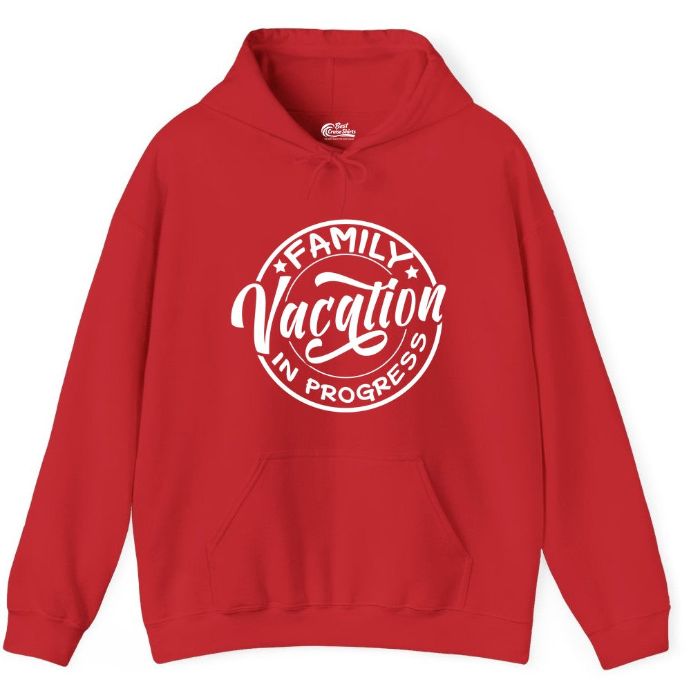 Family Vacation Shirt - Fun Family Travel Shirt for Holiday Trips (Hoodie) in Red - Family Vacation In Progress Bold Circular Stamp Travel Shirt