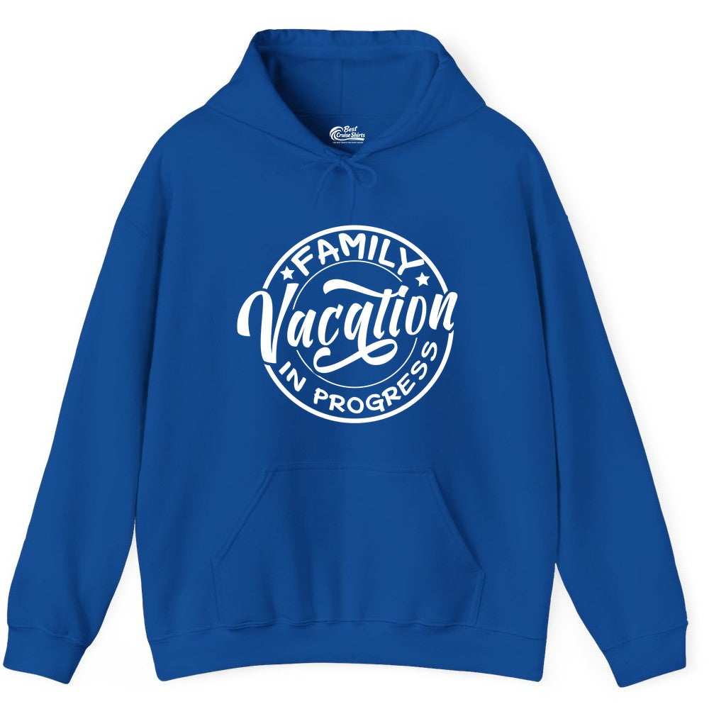Family Vacation Shirt - Fun Family Travel Shirt for Holiday Trips (Hoodie) in Royal - Family Vacation In Progress Bold Circular Stamp Travel Shirt