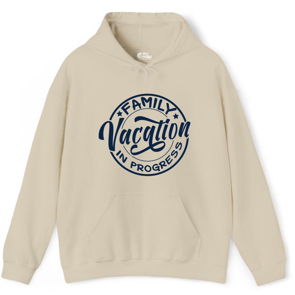 Family Vacation Shirt - Fun Family Travel Shirt for Holiday Trips (Hoodie) in Sand - Family Vacation In Progress Bold Circular Stamp Travel Shirt