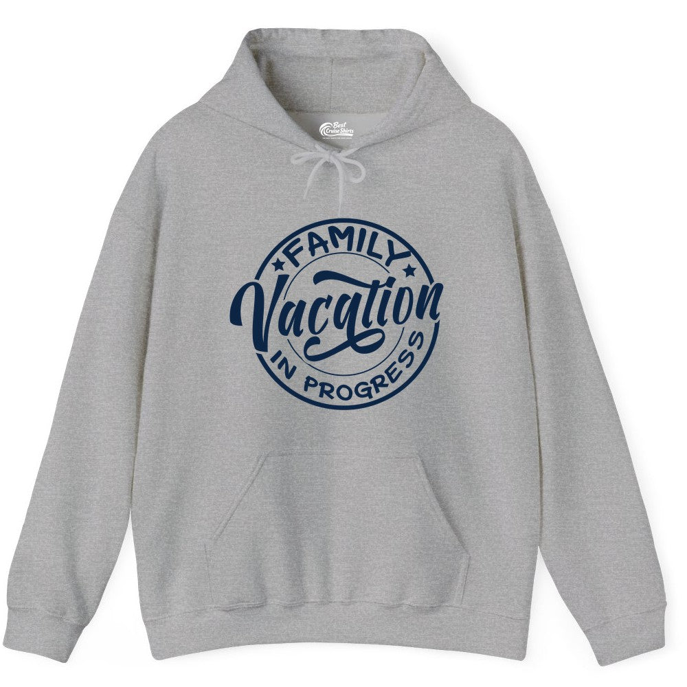 Family Vacation Shirt - Fun Family Travel Shirt for Holiday Trips (Hoodie) in Sport Grey - Family Vacation In Progress Bold Circular Stamp Travel Shirt