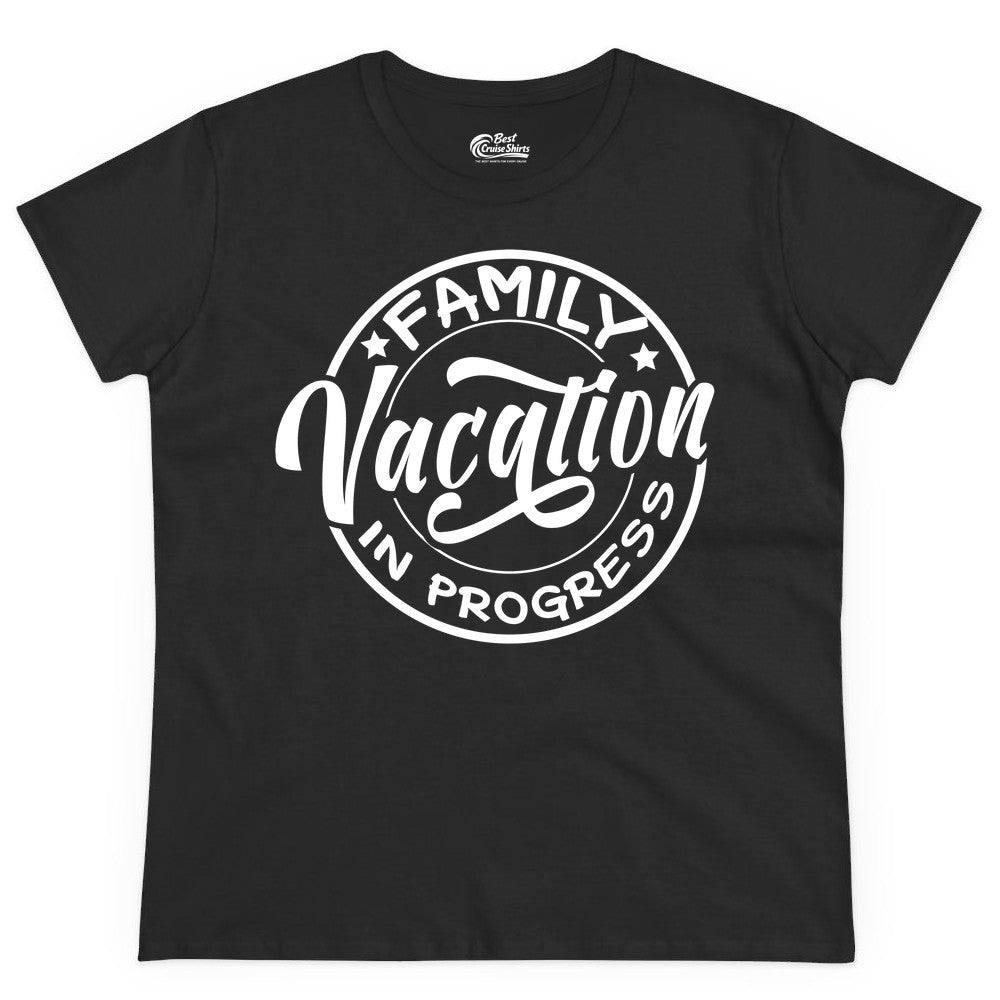Family Vacation Shirt - Fun Family Travel Shirt for Holiday Trips (Ladies Tee) in Black - Family Vacation In Progress Bold Circular Stamp Travel Shirt