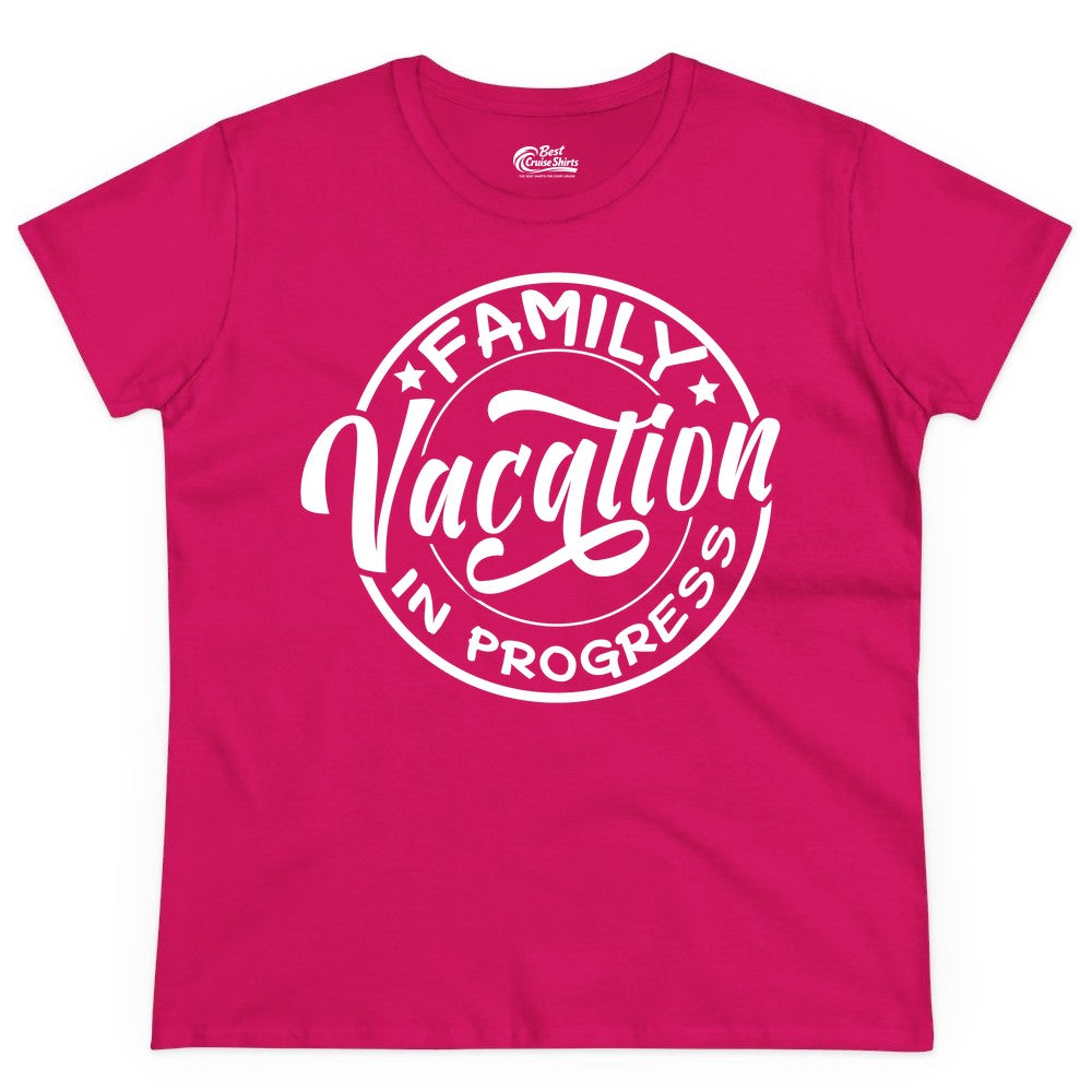 Family Vacation Shirt - Fun Family Travel Shirt for Holiday Trips (Ladies Tee) in Heliconia - Family Vacation In Progress Bold Circular Stamp Travel Shirt