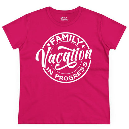 Family Vacation Shirt - Fun Family Travel Shirt for Holiday Trips (Ladies Tee) in Heliconia - Family Vacation In Progress Bold Circular Stamp Travel Shirt