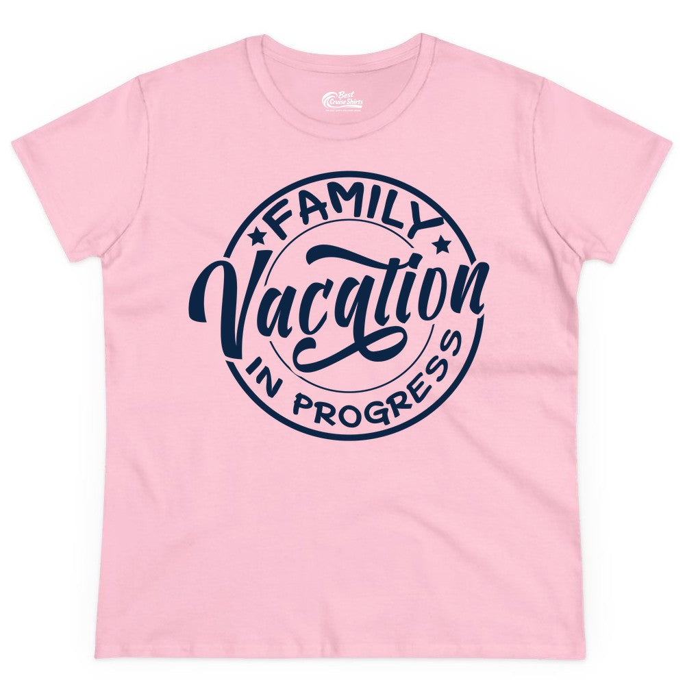 Family Vacation Shirt - Fun Family Travel Shirt for Holiday Trips (Ladies Tee) in Light Pink - Family Vacation In Progress Bold Circular Stamp Travel Shirt