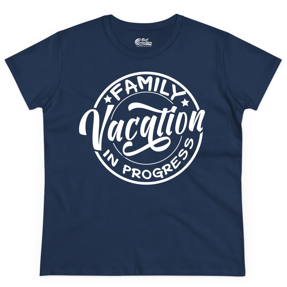 Family Vacation Shirt - Fun Family Travel Shirt for Holiday Trips (Ladies Tee) in Navy - Family Vacation In Progress Bold Circular Stamp Travel Shirt