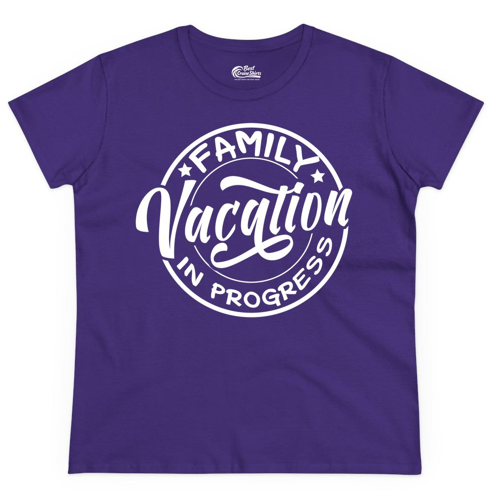 Family Vacation Shirt - Fun Family Travel Shirt for Holiday Trips (Ladies Tee) in Purple - Family Vacation In Progress Bold Circular Stamp Travel Shirt