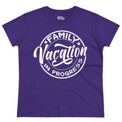 Family Vacation Shirt - Fun Family Travel Shirt for Holiday Trips (Ladies Tee) in Purple - Family Vacation In Progress Bold Circular Stamp Travel Shirt