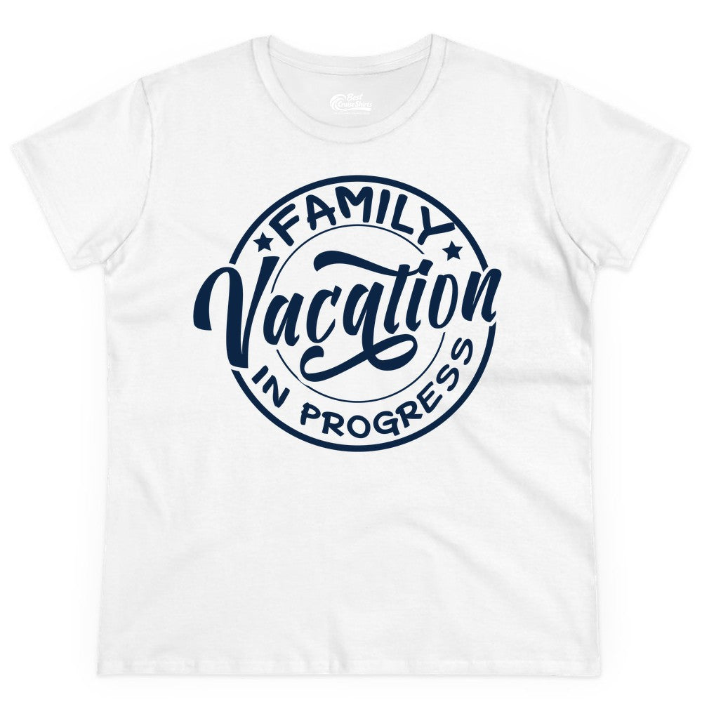 Family Vacation Shirt - Fun Family Travel Shirt for Holiday Trips (Ladies Tee) in White - Family Vacation In Progress Bold Circular Stamp Travel Shirt