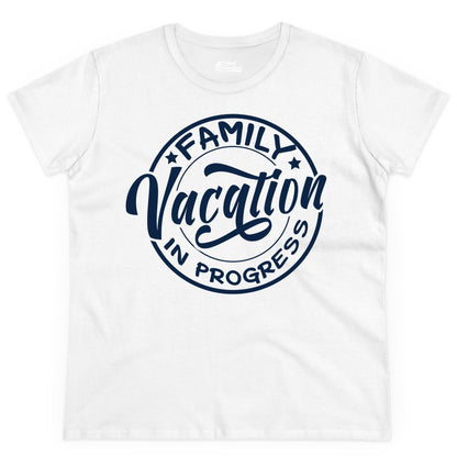 Family Vacation Shirt - Fun Family Travel Shirt for Holiday Trips (Ladies Tee) in White - Family Vacation In Progress Bold Circular Stamp Travel Shirt