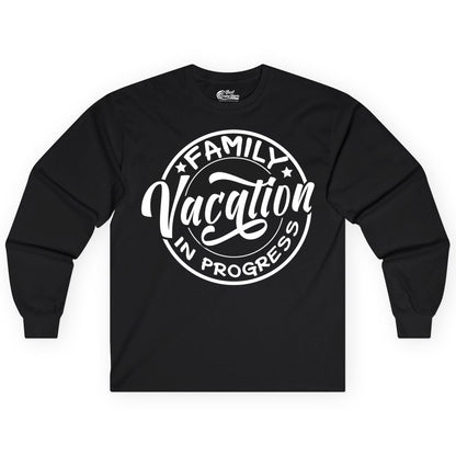 Family Vacation Shirt - Fun Family Travel Shirt for Holiday Trips (Long Sleeve) in Black - Family Vacation In Progress Bold Circular Stamp Travel Shirt