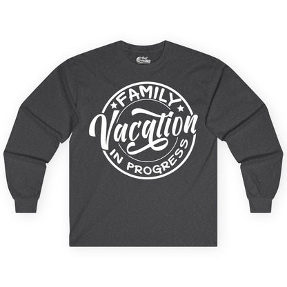 Family Vacation Shirt - Fun Family Travel Shirt for Holiday Trips (Long Sleeve) in Dark Heather - Family Vacation In Progress Bold Circular Stamp Travel Shirt