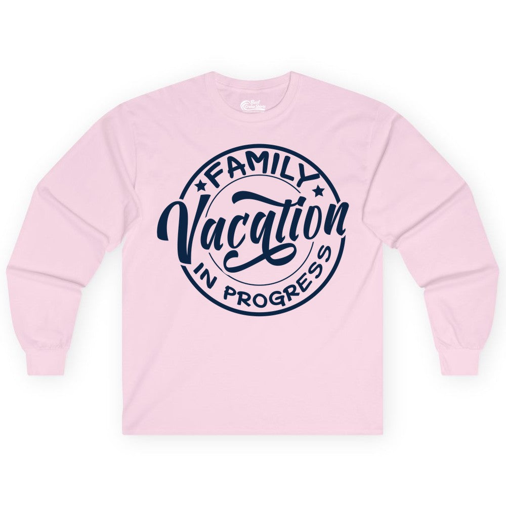 Family Vacation Shirt - Fun Family Travel Shirt for Holiday Trips (Long Sleeve) in Light Pink - Family Vacation In Progress Bold Circular Stamp Travel Shirt
