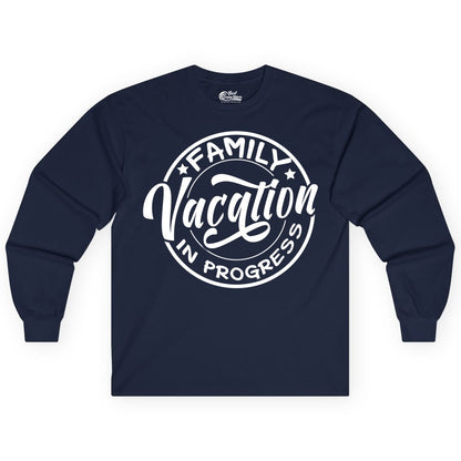 Family Vacation Shirt - Fun Family Travel Shirt for Holiday Trips (Long Sleeve) in Navy - Family Vacation In Progress Bold Circular Stamp Travel Shirt
