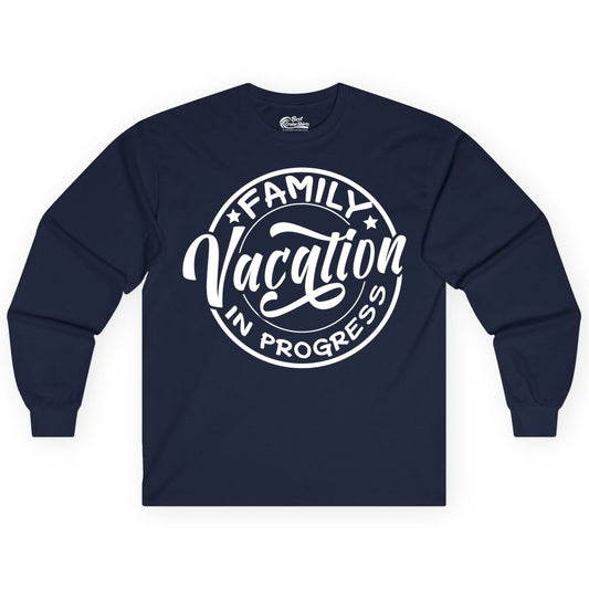 Family Vacation Shirt - Fun Family Travel Shirt for Holiday Trips (Long Sleeve) in Navy - Family Vacation In Progress Bold Circular Stamp Travel Shirt