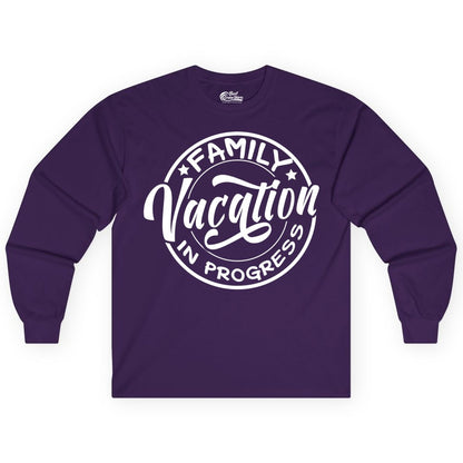 Family Vacation Shirt - Fun Family Travel Shirt for Holiday Trips (Long Sleeve) in Purple - Family Vacation In Progress Bold Circular Stamp Travel Shirt
