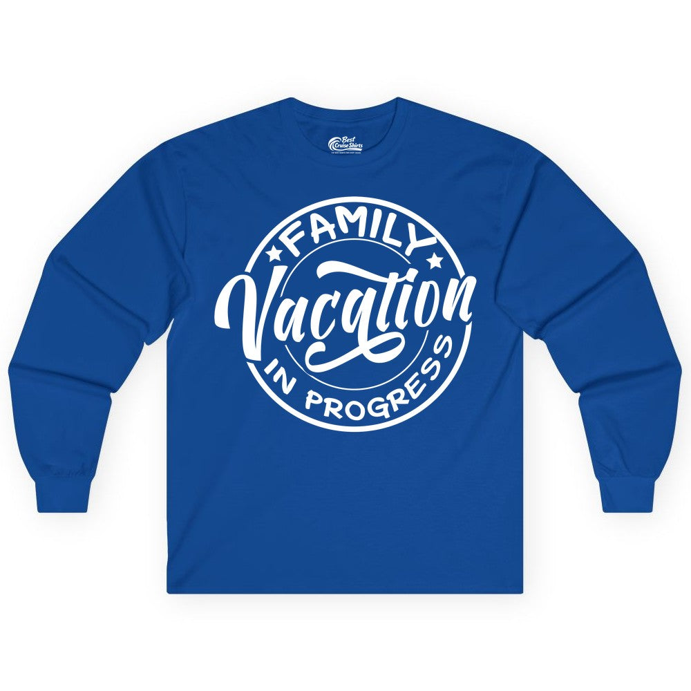 Family Vacation Shirt - Fun Family Travel Shirt for Holiday Trips (Long Sleeve) in Royal - Family Vacation In Progress Bold Circular Stamp Travel Shirt