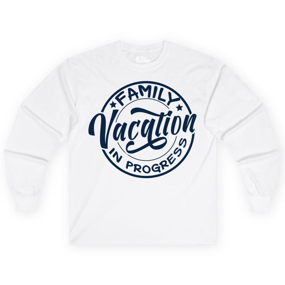 Family Vacation Shirt - Fun Family Travel Shirt for Holiday Trips (Long Sleeve) in White - Family Vacation In Progress Bold Circular Stamp Travel Shirt