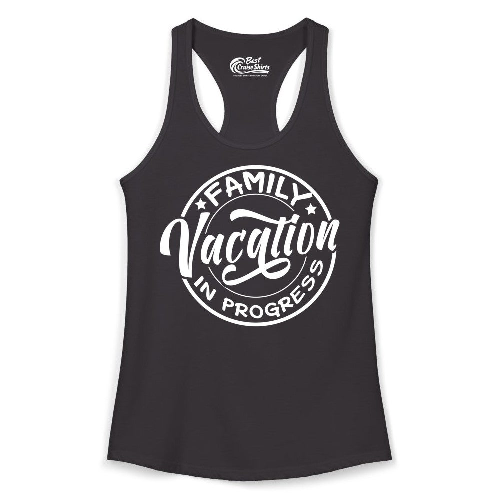 Family Vacation Shirt - Fun Family Travel Shirt for Holiday Trips (Ladies Tank) in Black - Family Vacation In Progress Bold Circular Stamp Travel Shirt