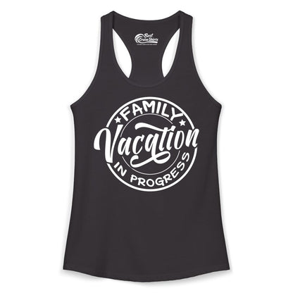 Family Vacation Shirt - Fun Family Travel Shirt for Holiday Trips (Ladies Tank) in Black - Family Vacation In Progress Bold Circular Stamp Travel Shirt