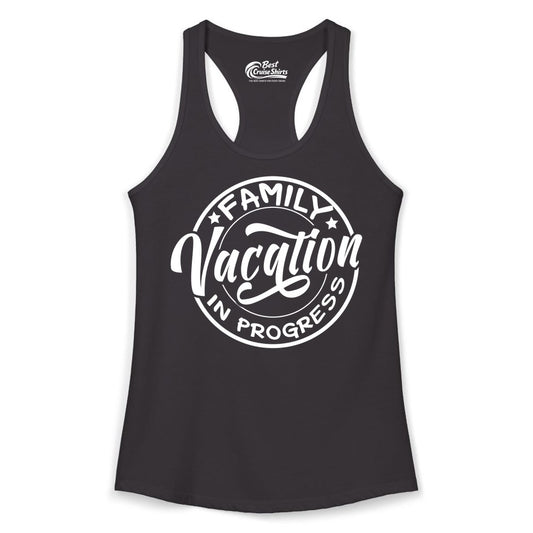 Family Vacation Shirt - Fun Family Travel Shirt for Holiday Trips (Ladies Tank) in Black - Family Vacation In Progress Bold Circular Stamp Travel Shirt