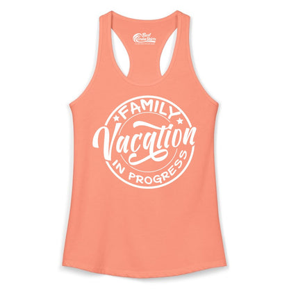 Family Vacation Shirt - Fun Family Travel Shirt for Holiday Trips (Ladies Tank) in Solid Light Orange - Family Vacation In Progress Bold Circular Stamp Travel Shirt
