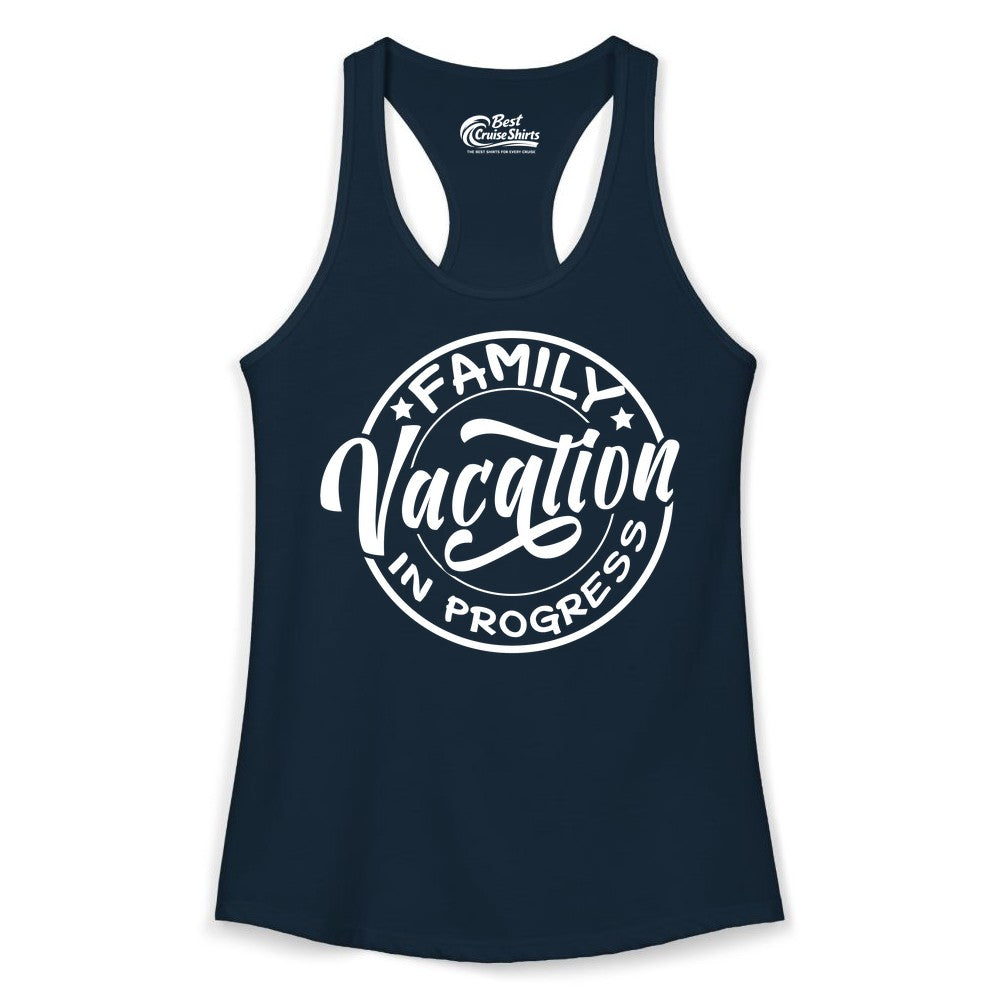 Family Vacation Shirt - Fun Family Travel Shirt for Holiday Trips (Ladies Tank) in Solid Midnight Navy - Family Vacation In Progress Bold Circular Stamp Travel Shirt