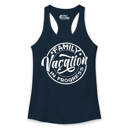 Family Vacation Shirt - Fun Family Travel Shirt for Holiday Trips (Ladies Tank) in Solid Midnight Navy - Family Vacation In Progress Bold Circular Stamp Travel Shirt
