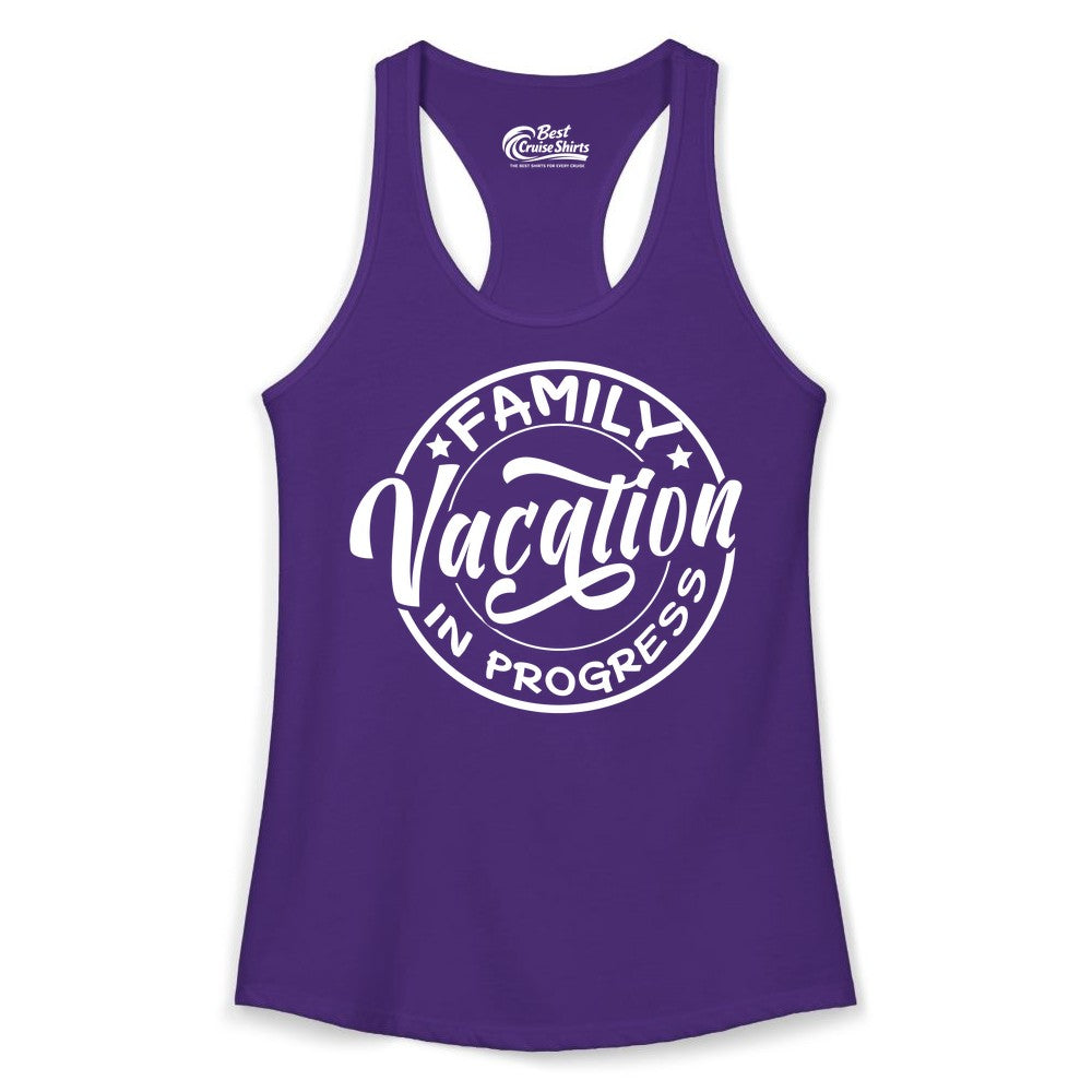 Family Vacation Shirt - Fun Family Travel Shirt for Holiday Trips (Ladies Tank) in Solid Purple Rush - Family Vacation In Progress Bold Circular Stamp Travel Shirt