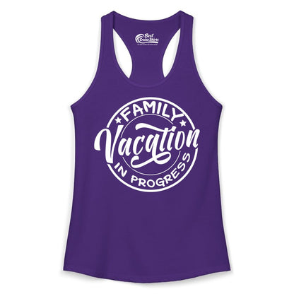 Family Vacation Shirt - Fun Family Travel Shirt for Holiday Trips (Ladies Tank) in Solid Purple Rush - Family Vacation In Progress Bold Circular Stamp Travel Shirt