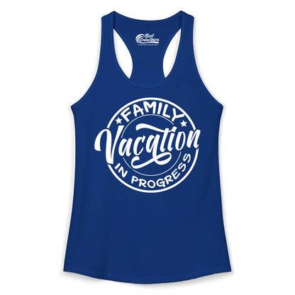 Family Vacation Shirt - Fun Family Travel Shirt for Holiday Trips (Ladies Tank) in Solid Royal - Family Vacation In Progress Bold Circular Stamp Travel Shirt