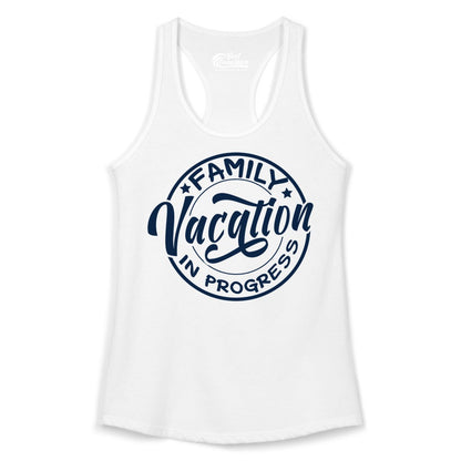 Family Vacation Shirt - Fun Family Travel Shirt for Holiday Trips (Ladies Tank) in White - Family Vacation In Progress Bold Circular Stamp Travel Shirt