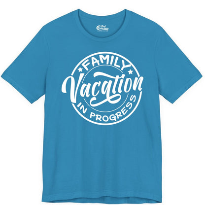 Family Vacation Shirt - Fun Family Travel Shirt for Holiday Trips (Premium Tee) in Aqua - Family Vacation In Progress Bold Circular Stamp Travel Shirt