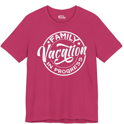 Family Vacation Shirt - Fun Family Travel Shirt for Holiday Trips (Premium Tee) in Berry - Family Vacation In Progress Bold Circular Stamp Travel Shirt