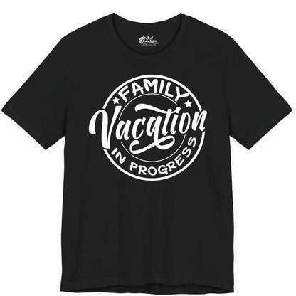 Family Vacation Shirt - Fun Family Travel Shirt for Holiday Trips (Premium Tee) in Black - Family Vacation In Progress Bold Circular Stamp Travel Shirt