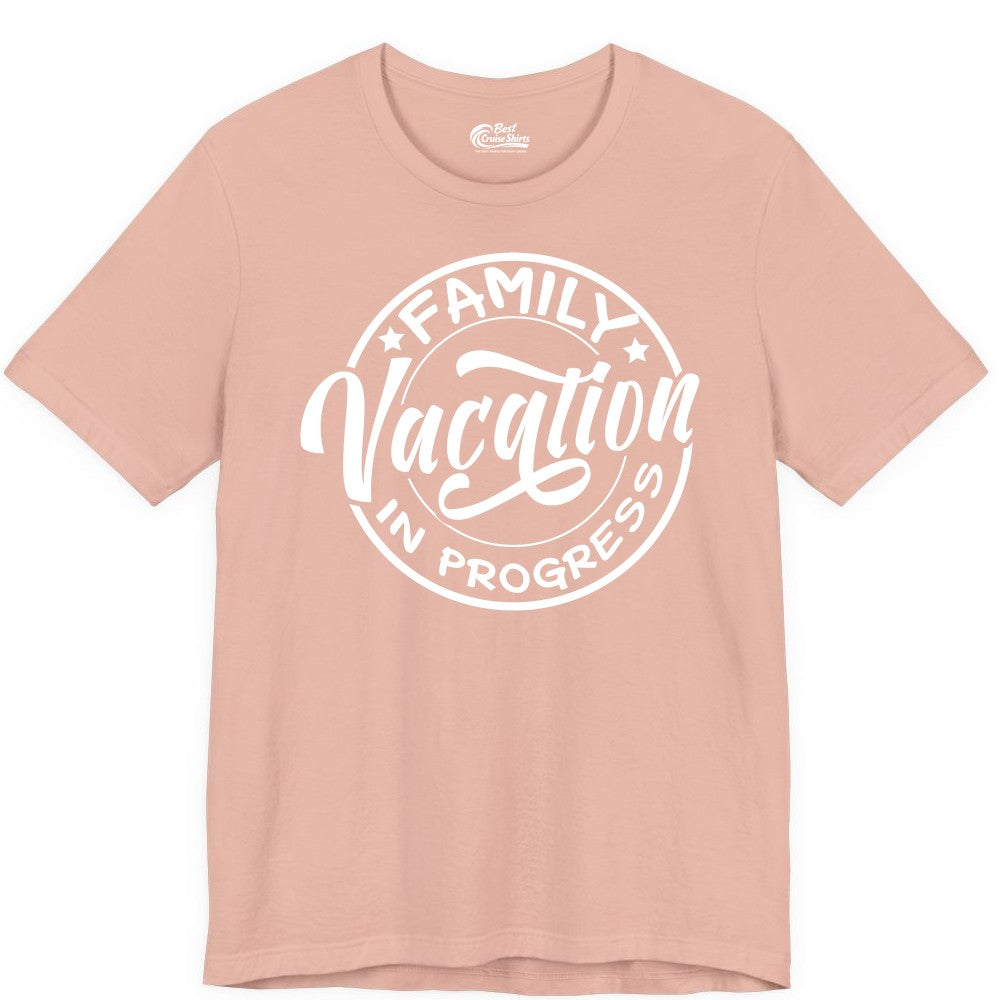 Family Vacation Shirt - Fun Family Travel Shirt for Holiday Trips (Premium Tee) in Peach - Family Vacation In Progress Bold Circular Stamp Travel Shirt