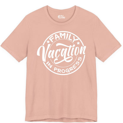 Family Vacation Shirt - Fun Family Travel Shirt for Holiday Trips (Premium Tee) in Peach - Family Vacation In Progress Bold Circular Stamp Travel Shirt