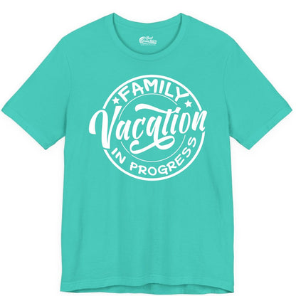 Family Vacation Shirt - Fun Family Travel Shirt for Holiday Trips (Premium Tee) in Teal - Family Vacation In Progress Bold Circular Stamp Travel Shirt