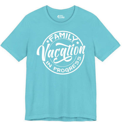 Family Vacation Shirt - Fun Family Travel Shirt for Holiday Trips (Premium Tee) in Turquoise - Family Vacation In Progress Bold Circular Stamp Travel Shirt