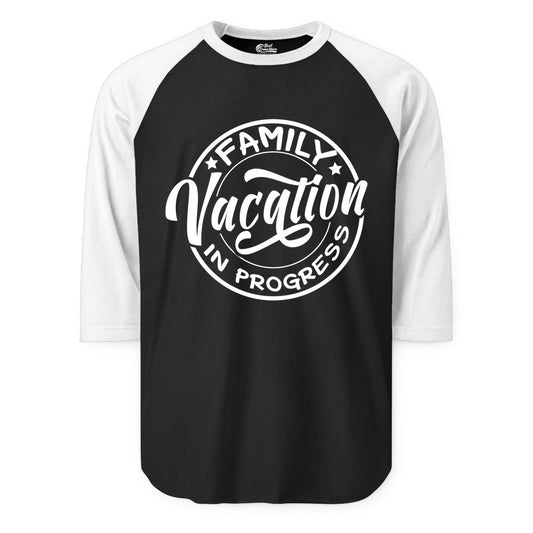 Family Vacation Shirt - Fun Family Travel Shirt for Holiday Trips (Raglan) in BlackWhite - Family Vacation In Progress Bold Circular Stamp Travel Shirt