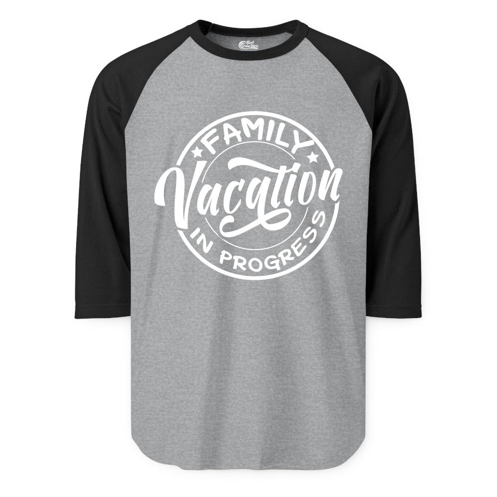 Family Vacation Shirt - Fun Family Travel Shirt for Holiday Trips (Raglan) in Heather GreyBlack - Family Vacation In Progress Bold Circular Stamp Travel Shirt