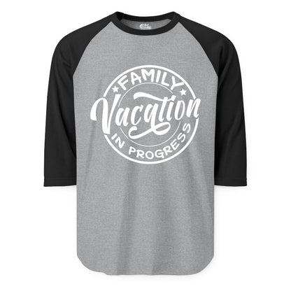 Family Vacation Shirt - Fun Family Travel Shirt for Holiday Trips (Raglan) in Heather GreyBlack - Family Vacation In Progress Bold Circular Stamp Travel Shirt