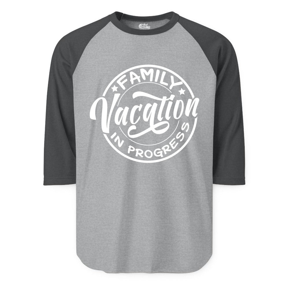 Family Vacation Shirt - Fun Family Travel Shirt for Holiday Trips (Raglan) in Heather GreyHeather Charcoal - Family Vacation In Progress Bold Circular Stamp Travel Shirt