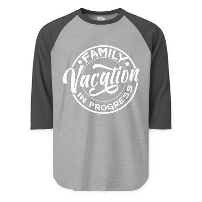 Family Vacation Shirt - Fun Family Travel Shirt for Holiday Trips (Raglan) in Heather GreyHeather Charcoal - Family Vacation In Progress Bold Circular Stamp Travel Shirt
