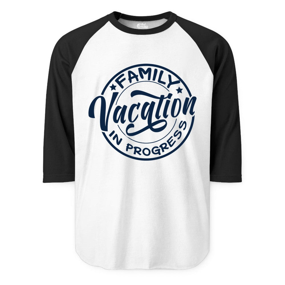 Family Vacation Shirt - Fun Family Travel Shirt for Holiday Trips (Raglan) in WhiteBlack - Family Vacation In Progress Bold Circular Stamp Travel Shirt