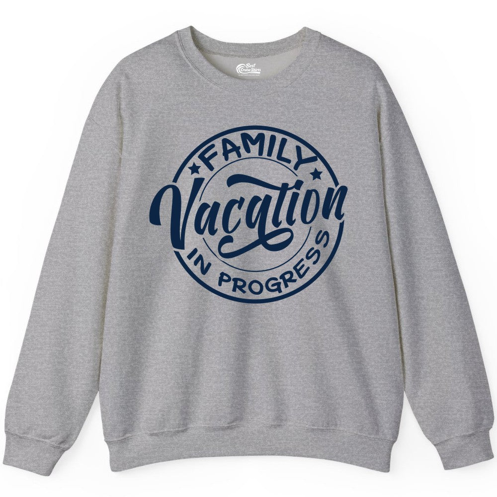 Family Vacation Shirt - Fun Family Travel Shirt for Holiday Trips (Sweatshirt) in Sport Grey - Family Vacation In Progress Bold Circular Stamp Travel Shirt