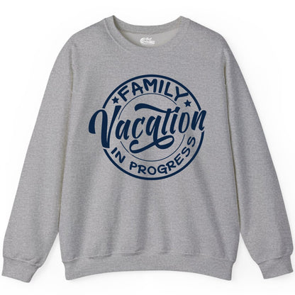 Family Vacation Shirt - Fun Family Travel Shirt for Holiday Trips (Sweatshirt) in Sport Grey - Family Vacation In Progress Bold Circular Stamp Travel Shirt
