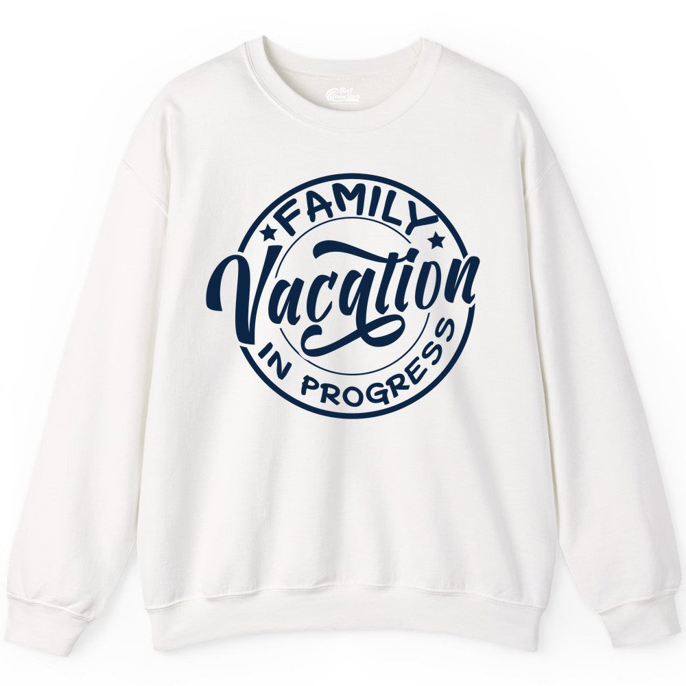 Family Vacation Shirt - Fun Family Travel Shirt for Holiday Trips (Sweatshirt) in White - Family Vacation In Progress Bold Circular Stamp Travel Shirt